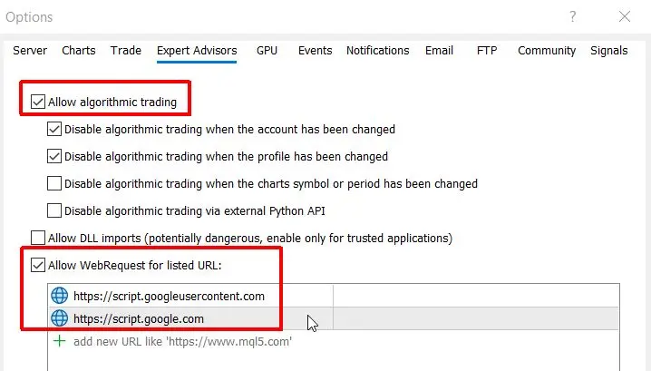 MT5 Options URL engedélyezés